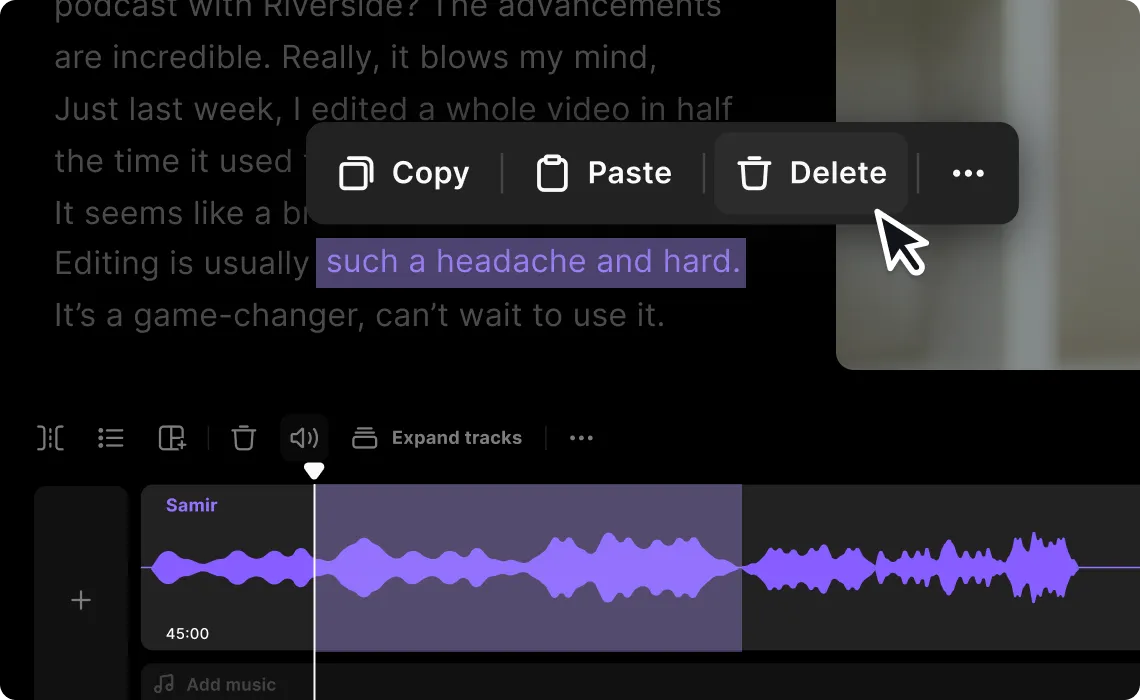 Audio editing interface showing a purple audio waveform labeled Samir with text highlighted and context menu with Copy, Paste, and Delete options.